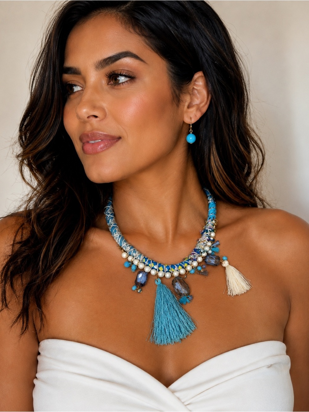 NWT Taramanda Boho Statement Necklace and Earring Set Turquoise Bead & Tassel